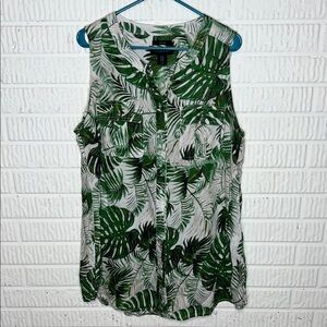 Tahari Green Leaf Print Sleeveless Top 100% Linen